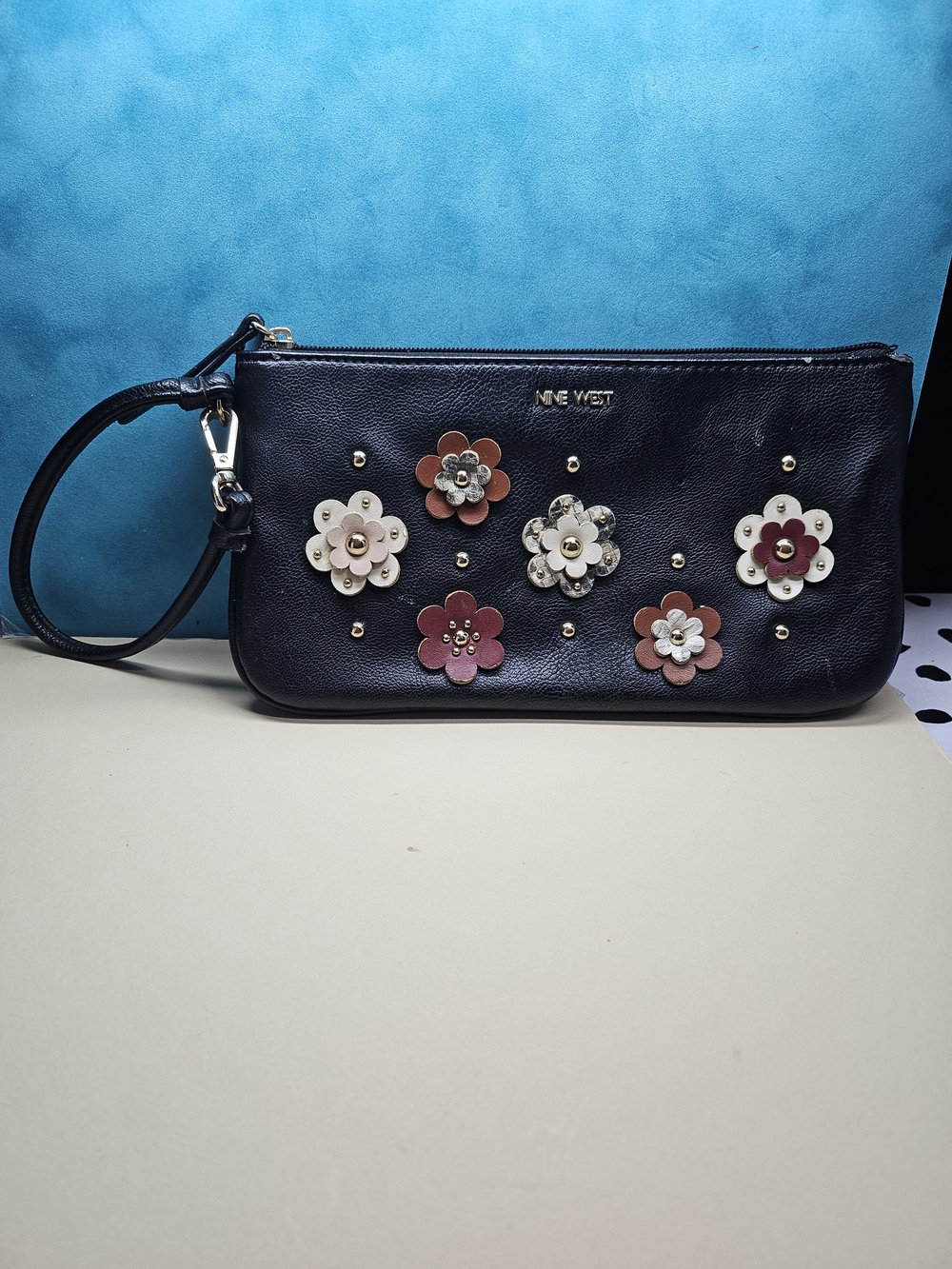 Nine West Black Wristlet with Multicolor Floral Appliqués